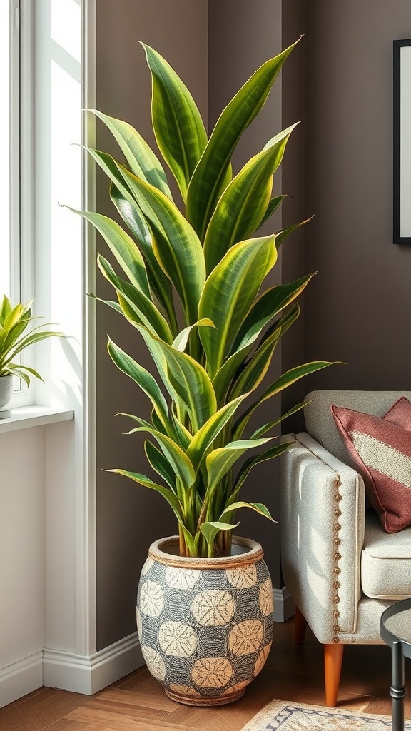 A tall Dracaena plant in a stylish woven floor planter, set against a light wall and a decorative clock.