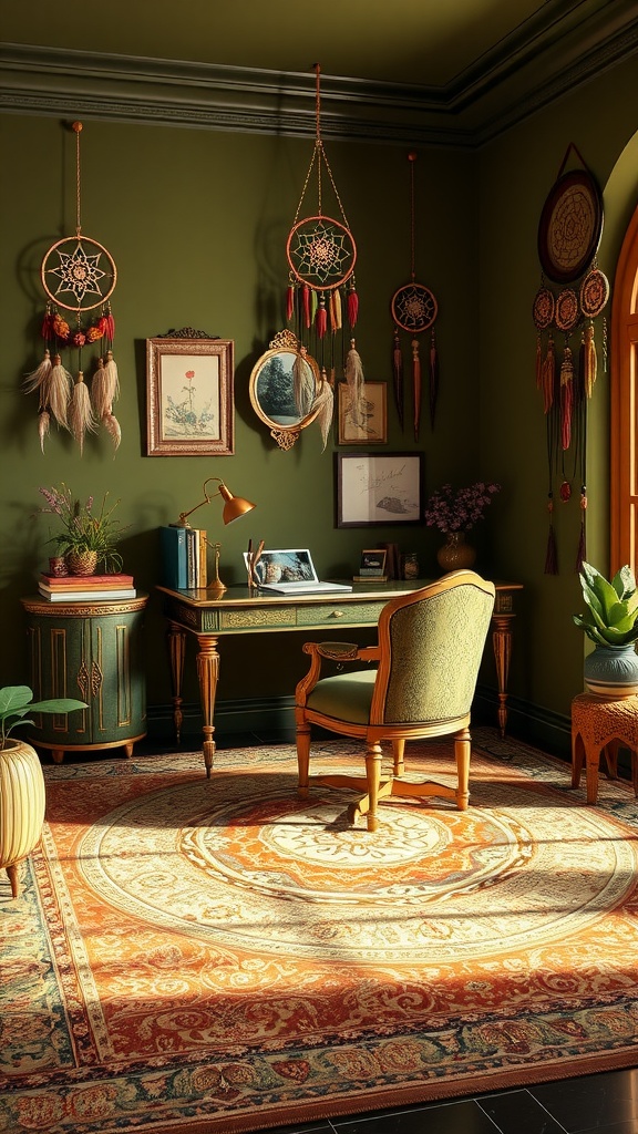 A cozy home office featuring olive green walls, vintage desk, dream catchers, and a patterned rug.