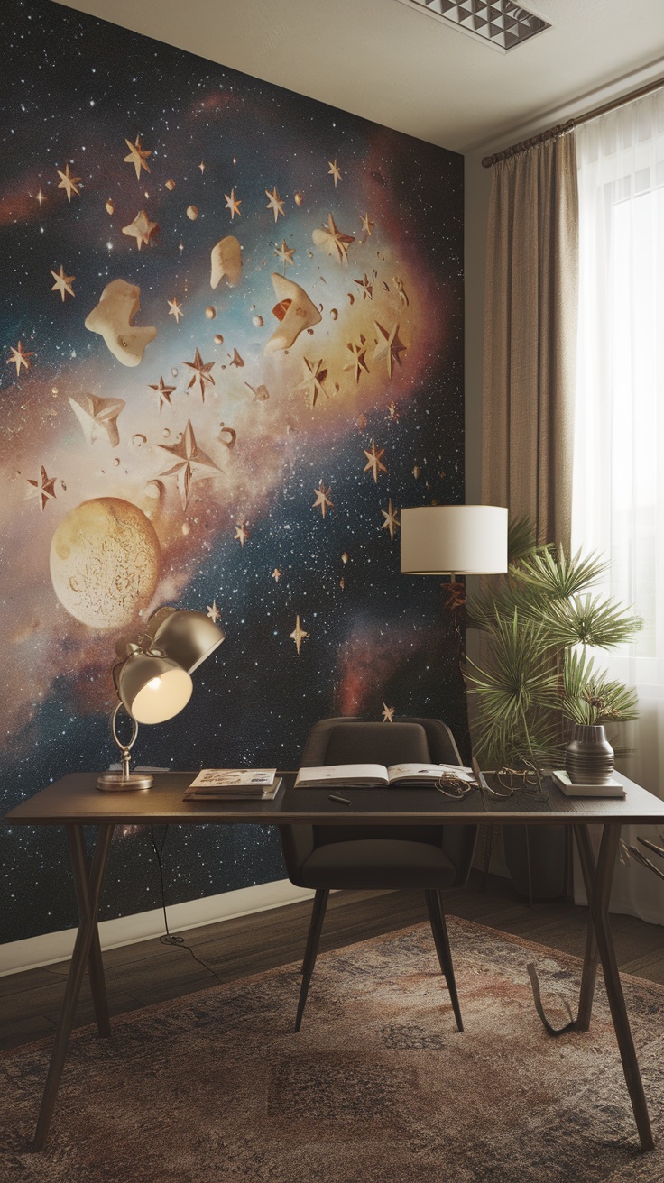 A celestial mural depicting moons and stars in a home office setting
