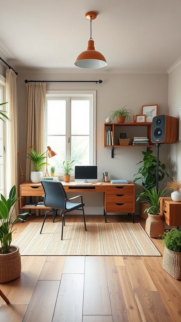 A modern Scandinavian home office featuring a wooden desk, chair, and decorative plants.