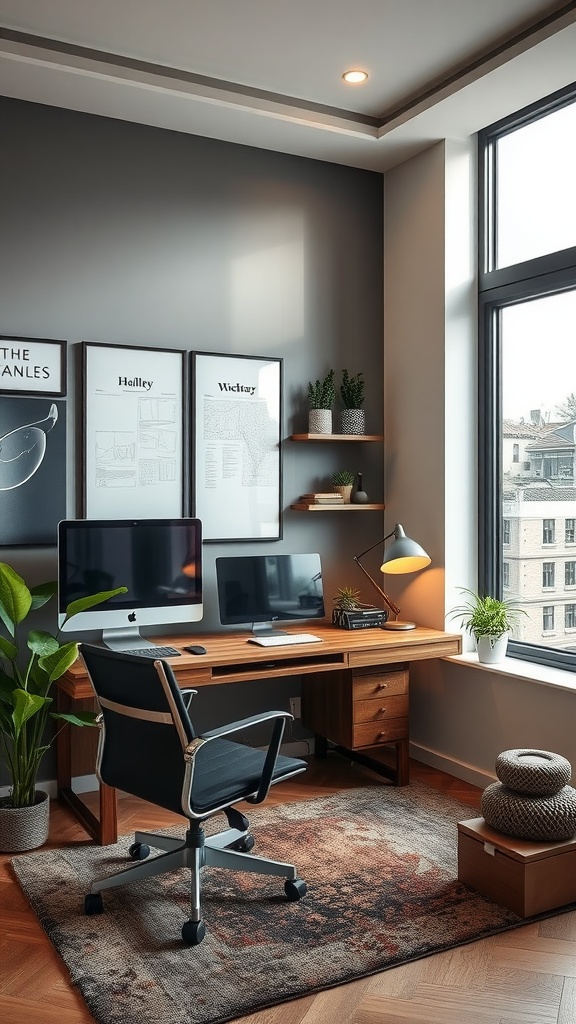 A modern home office with a wooden desk, two computers, and plants near large windows