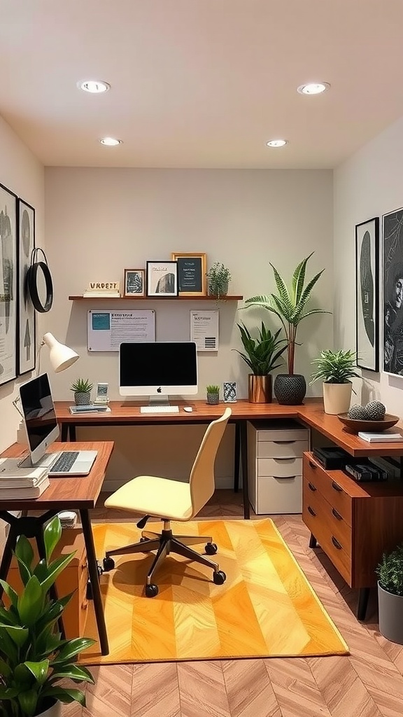 A bright home office with a central desk, modern chair, plants, and a world map on the wall.