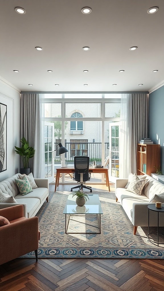 A stylish living room with a desk and seating area, designed for multi-functionality.