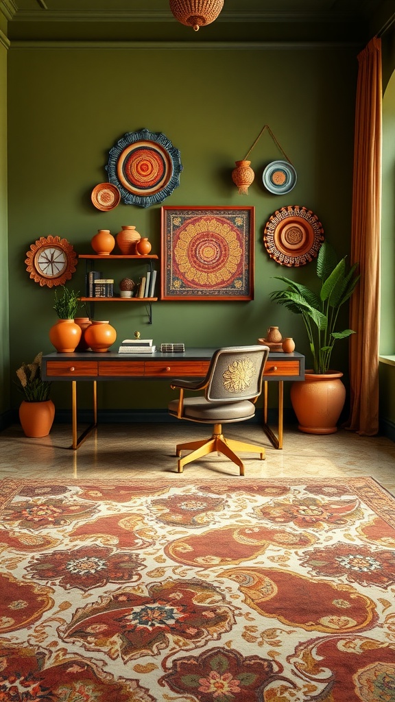 A cozy home office featuring olive green walls, terracotta decor, a wooden desk, and a patterned rug.