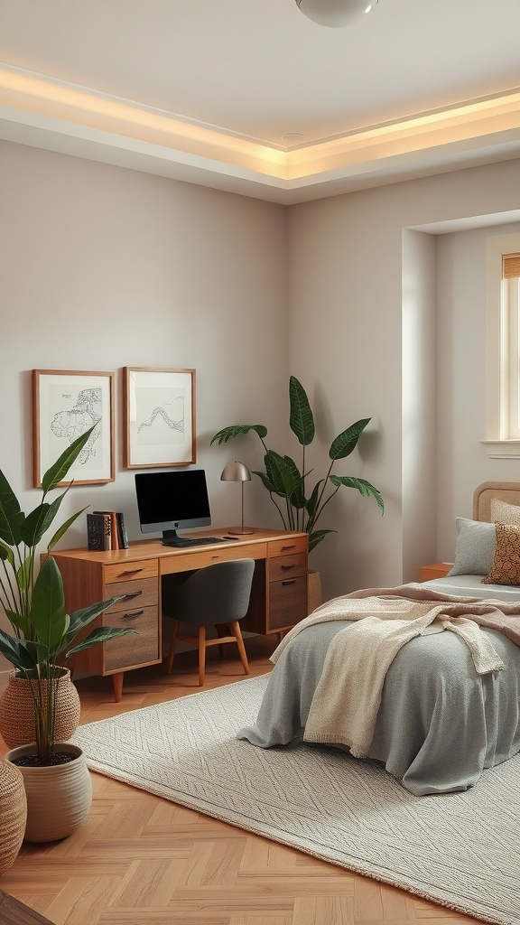 A serene bedroom with a home office setup, featuring earthy tones and plants for a calming aesthetic.