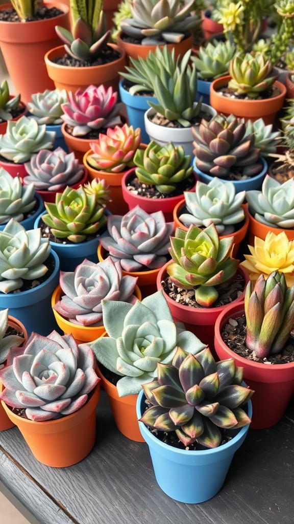 Colorful pots filled with Echeveria succulents