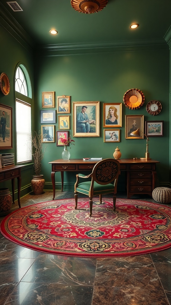 A cozy boho home office featuring olive green walls and eclectic art pieces.