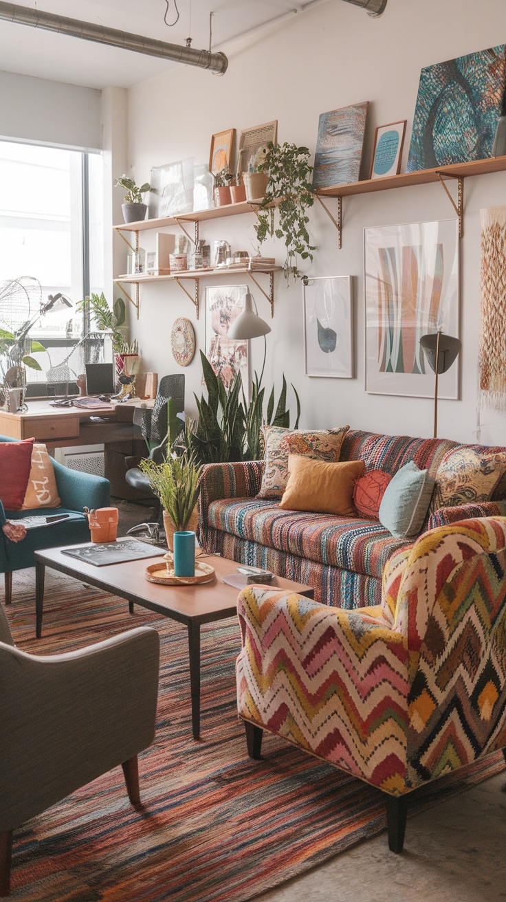 A cozy living room with eclectic bohemian decor featuring a patterned rug, plants, and a home office area.