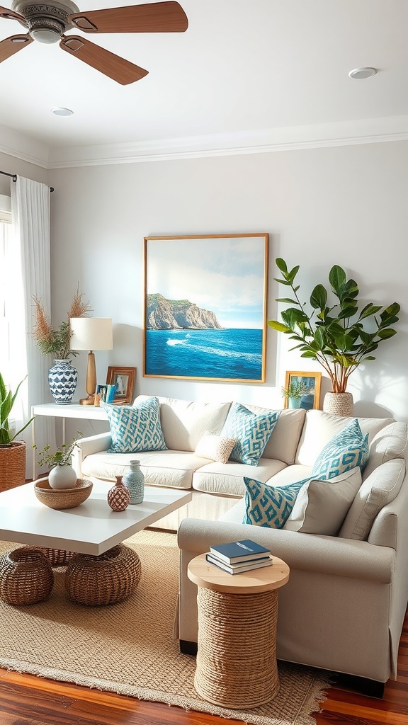 Cozy living room with light sofa, blue pillows, coastal artwork, and plants.