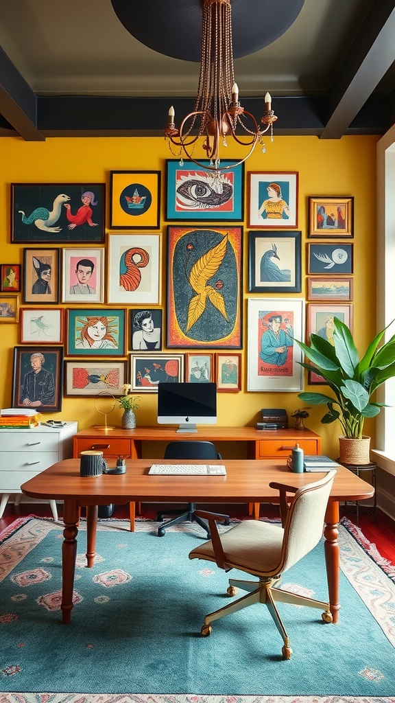 A vibrant home office with red walls and an eclectic display of framed art.