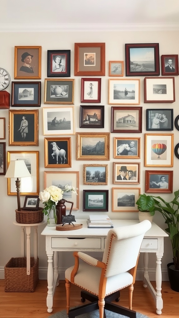 Gallery wall with various framed pictures, a white desk, and a cozy chair in a home office setting.