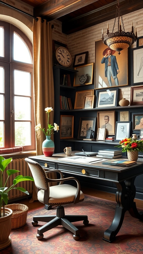 A cozy home office featuring dark wooden beams, a gallery wall of framed artwork, and a stylish desk surrounded by plants.