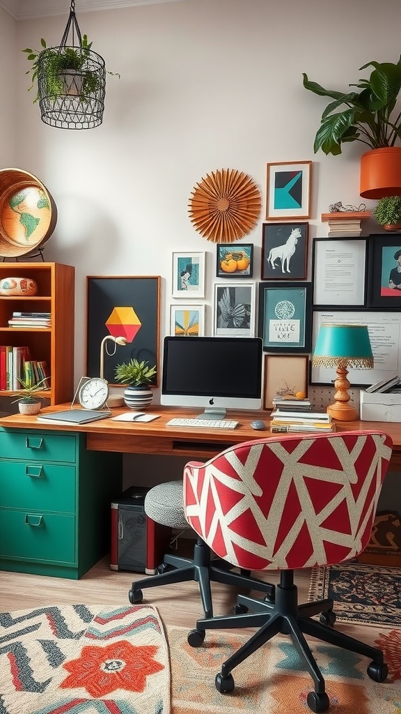 A cozy home office with a mix of patterns and textures, featuring a desk, colorful chair, plants, and a gallery wall.