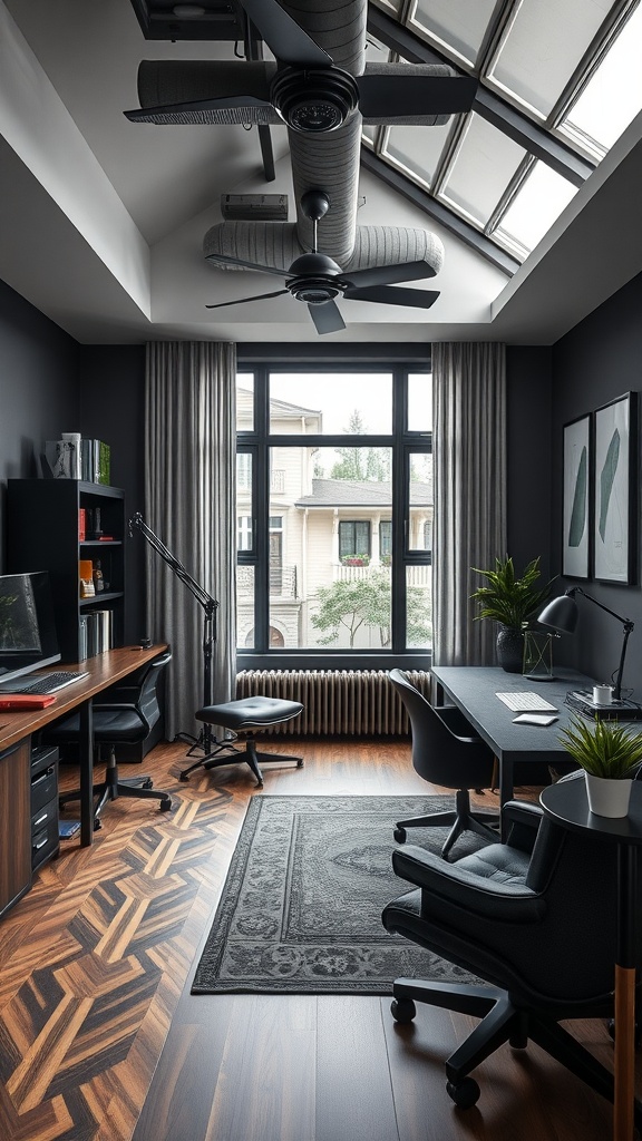 A stylish home office with dark walls, modern furniture, and large windows, featuring a blend of classic and contemporary styles.