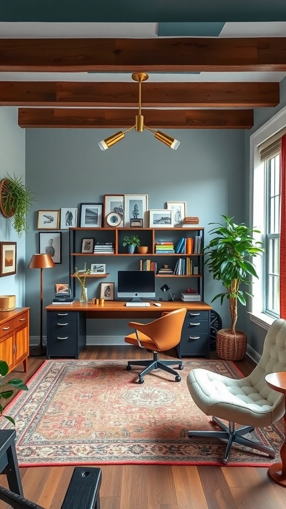 A stylish home office featuring a blend of modern and classic elements with wooden beams, a sleek desk, and decorative pieces.