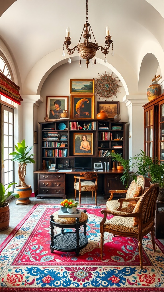 A vibrant home office featuring eclectic Spanish Bohemian decor with plants, artwork, and rich colors.