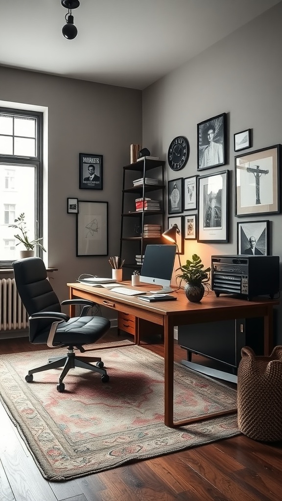 A stylish home office featuring a wooden desk, black ergonomic chair, eclectic wall art, and warm lighting.