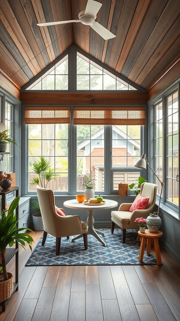 An eclectic sunroom design featuring wooden beams, large windows, a round table, and comfortable seating arrangements.