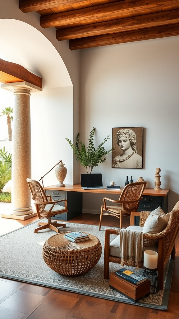 A stylish home office featuring eco-friendly materials with a Greek architecture aesthetic, showcasing wooden beams, rattan furniture, and greenery.