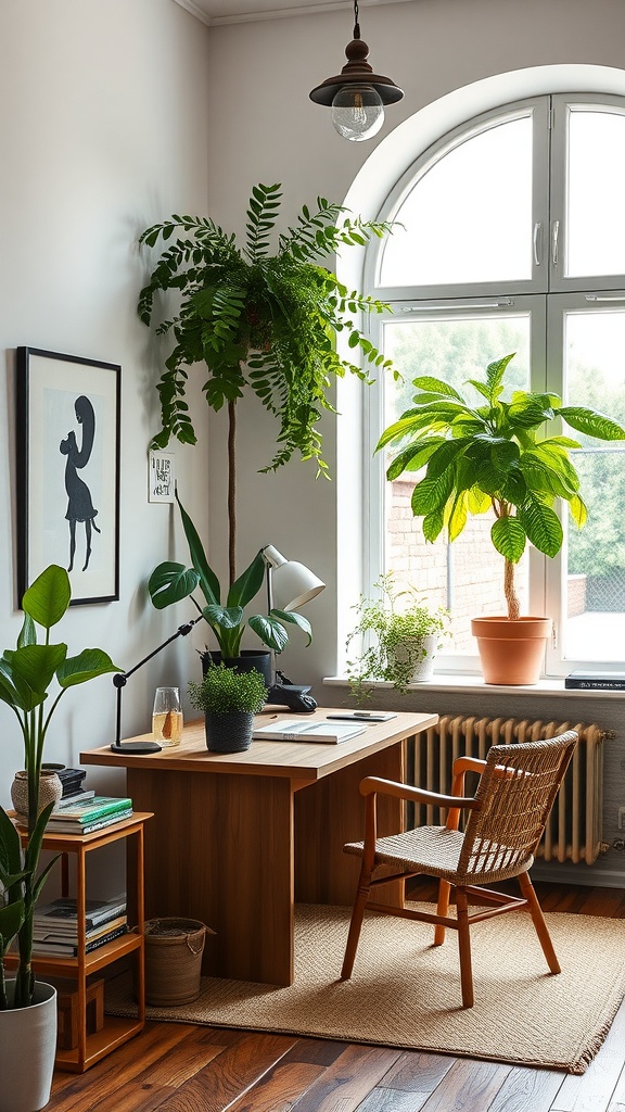 A bright and inviting eco-friendly home office featuring plants, wooden furniture, and natural light.