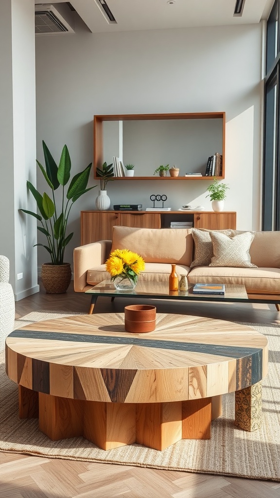 A stylish eco-friendly coffee table made from recycled materials, featuring a unique geometric design with various wood tones, placed in a modern living room.