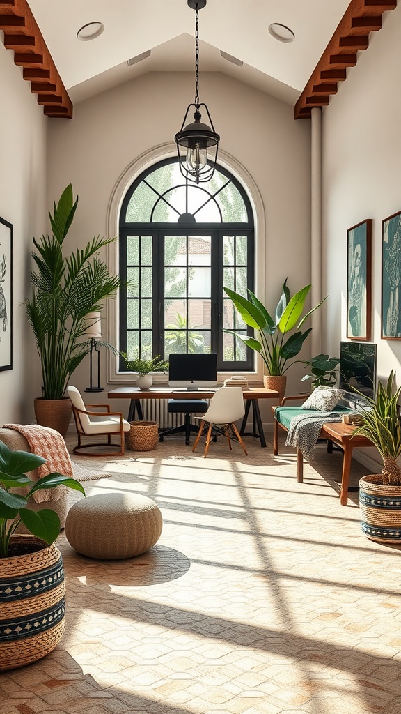 A bright and airy home office with large windows, plants, and modern furniture, showcasing eco-friendly Spanish design.