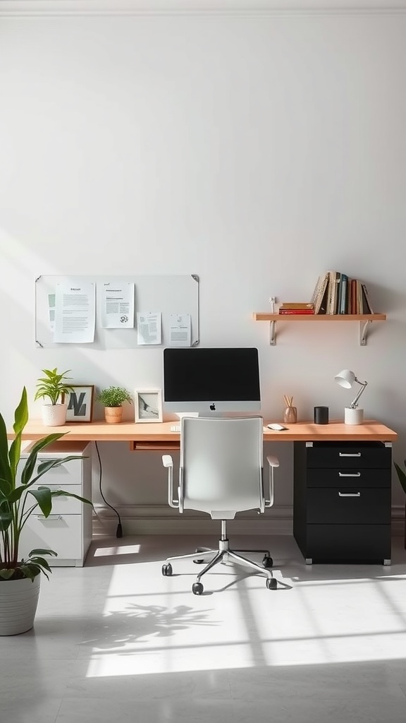 A modern minimalist office setup with a desk, computer, chair, and plants.