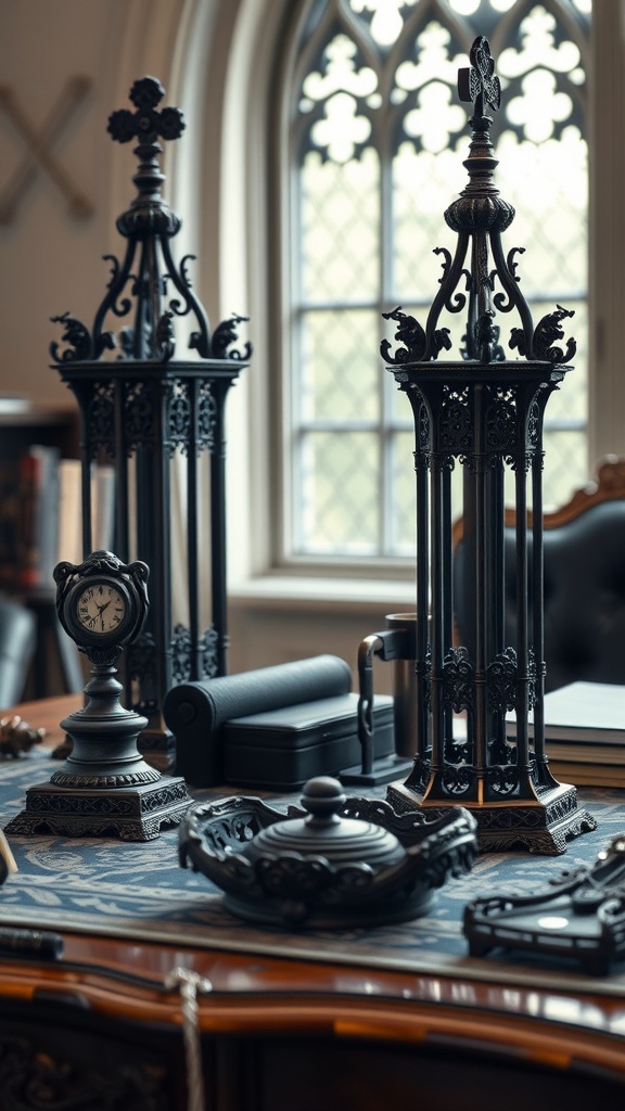 A gothic-inspired home office desk with elaborate black accessories, including candelabras and a vintage clock, showcasing a dark and elegant aesthetic.