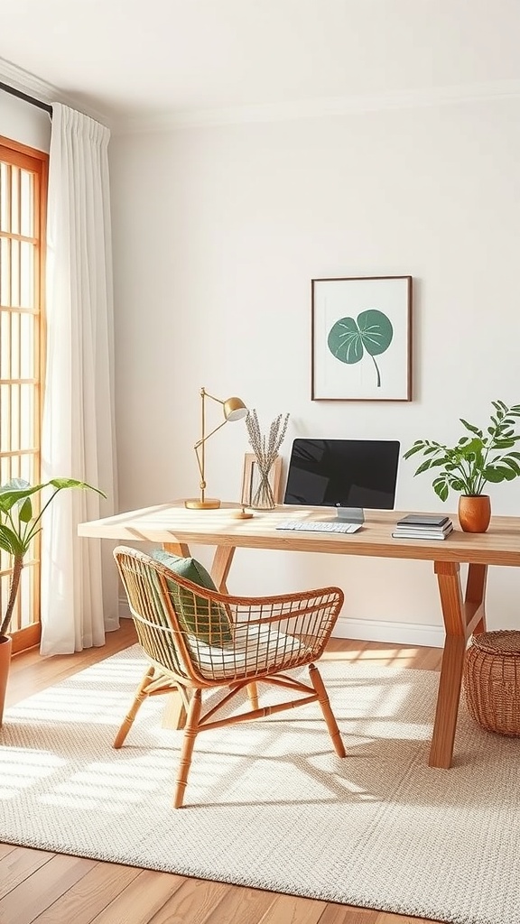 A stylish home office featuring bamboo furniture, a wooden desk, and natural light.