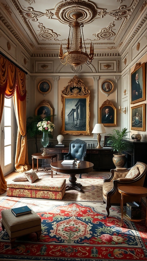 A Baroque inspired study with ornate moldings, a chandelier, classical art, and elegant furniture.