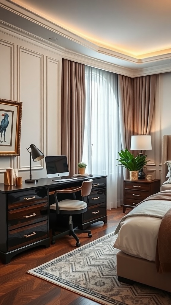 A modern bedroom featuring a desk, computer, and cozy bed with warm lighting and elegant decor.
