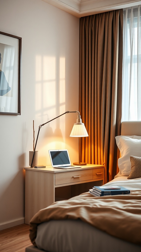 A cozy bedside workstation with a laptop, lamp, and books, set in a warm bedroom aesthetic.