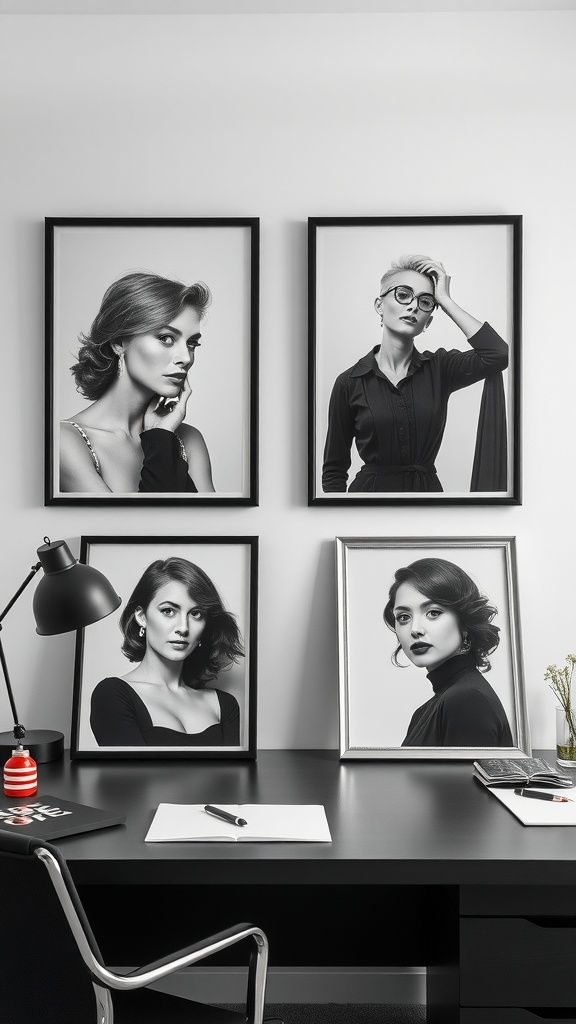 A stylish home office featuring black and white portraits of women, showcasing elegance and sophistication.
