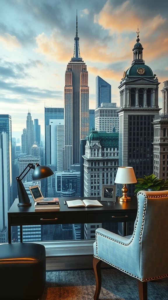 A beautiful cityscape with modern skyscrapers and a cloudy sky, showcasing a lively street scene.