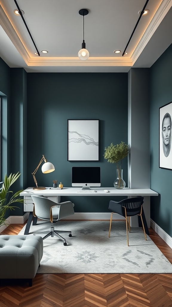 Small home office with teal walls, light wood floor, and modern furniture.