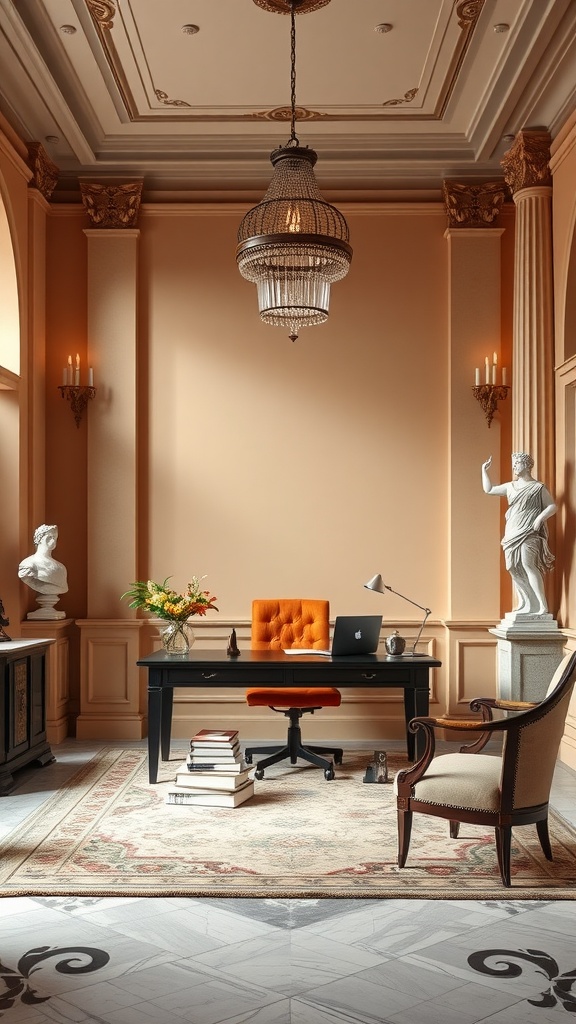A beautifully designed home office featuring warm peach walls, a black desk, and a cozy orange chair, reflecting Roman architecture aesthetics.