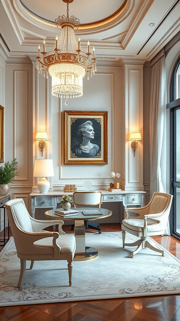 A luxurious home office featuring a crystal chandelier, elegant decor, and a sophisticated atmosphere.