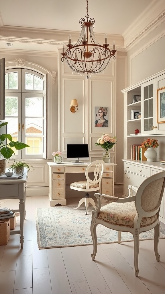 A beautifully decorated French country style home office with a wooden desk, elegant chandelier, and natural light.