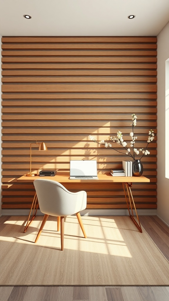 A modern home office featuring a horizontal slat wall, wooden desk, and a cozy chair with a stylish decor.