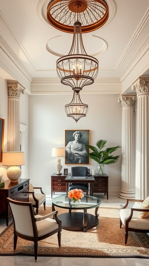 A sophisticated home office with elegant chandeliers, classic furniture, and tall columns.