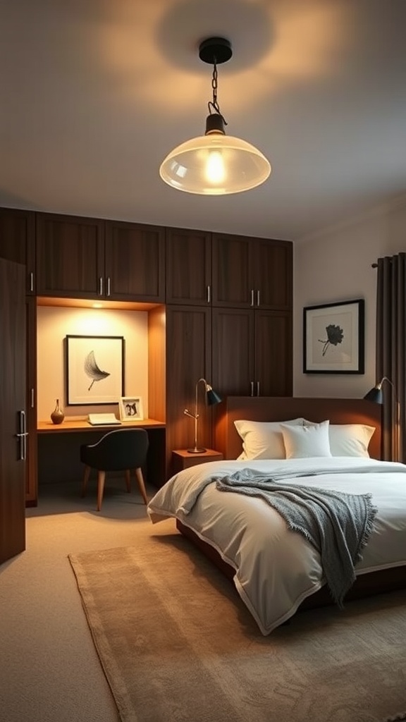 Cozy bedroom with a Murphy bed and elegant lighting featuring a pendant light and desk lamp.