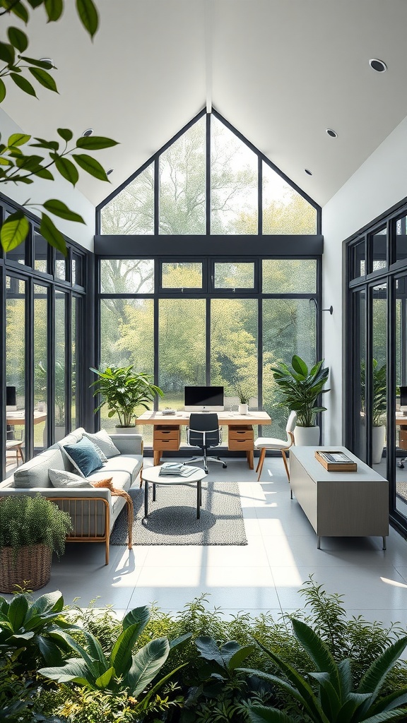A bright and airy minimalist sunroom with large windows, modern furniture, and greenery.