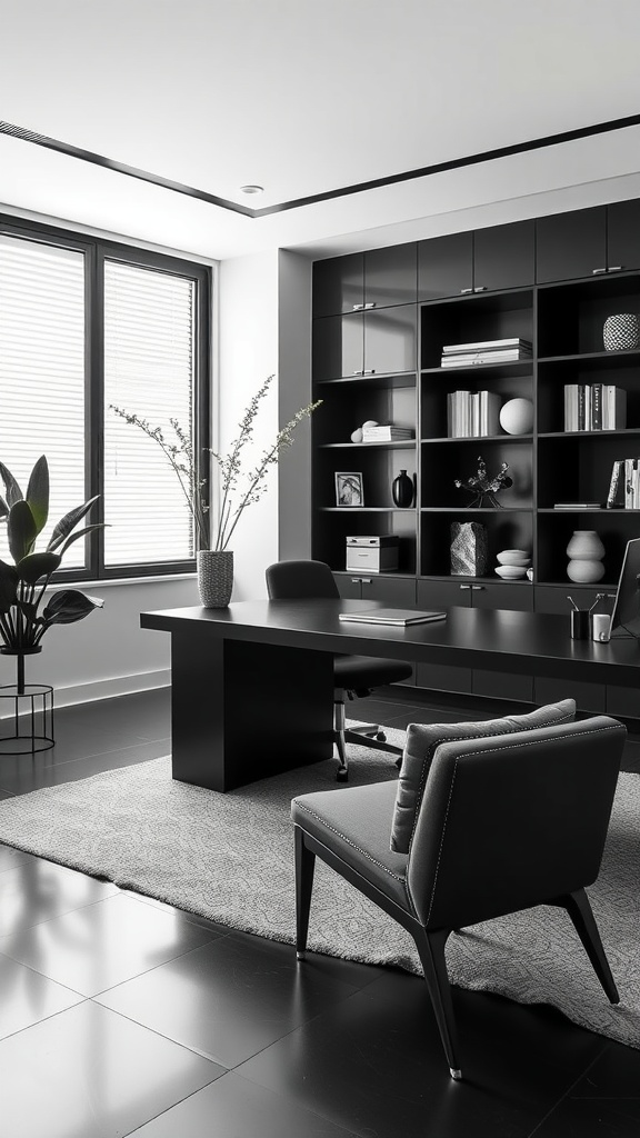 A modern monochrome home office featuring a black desk, sleek chair, and a stylish bookshelf.
