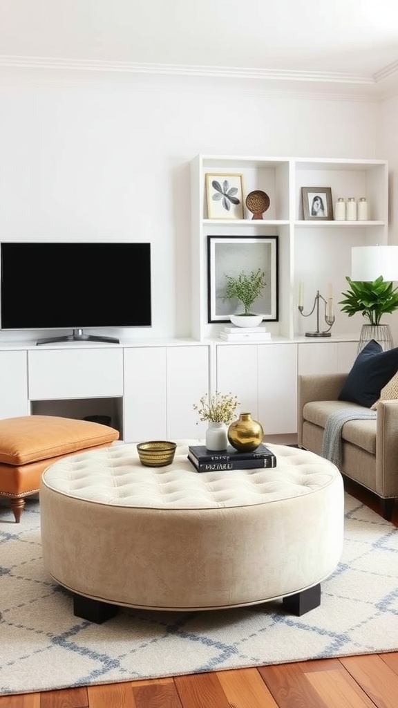 A cozy living room featuring a round ottoman coffee table with decorative items on top.