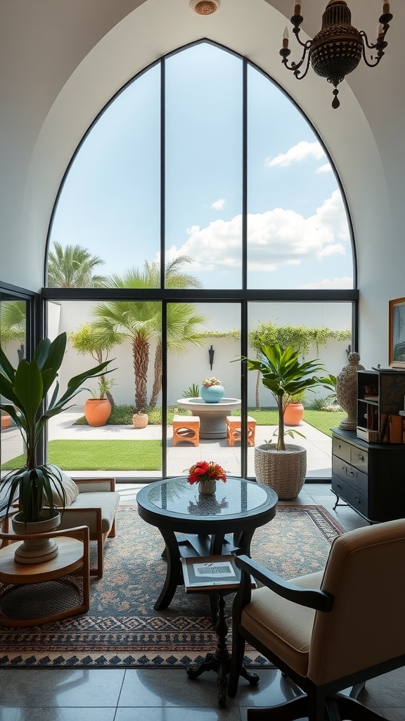 A bright home office with large arched windows showing a lush outdoor space, featuring plants and outdoor decor.