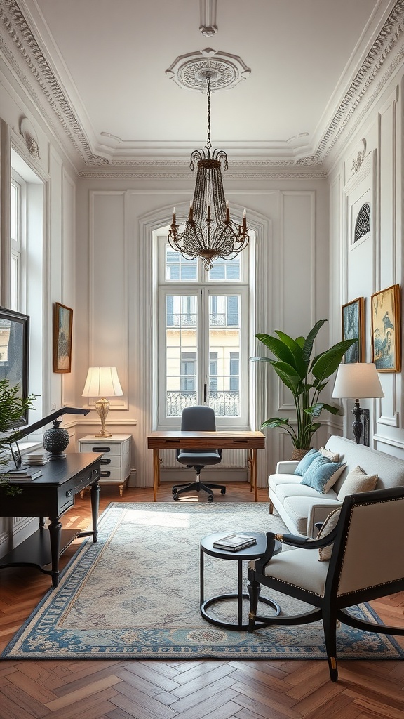 Elegant Parisian home office with high ceilings, chandelier, and stylish furniture.