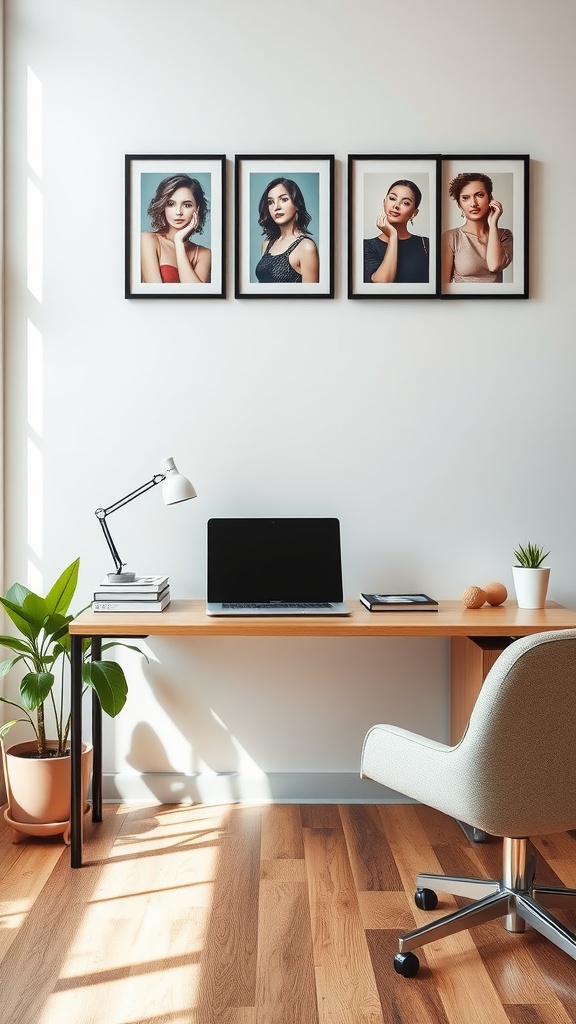 A stylish home office setup featuring four photography prints of women on the wall, a wooden desk with a laptop, and some indoor plants.