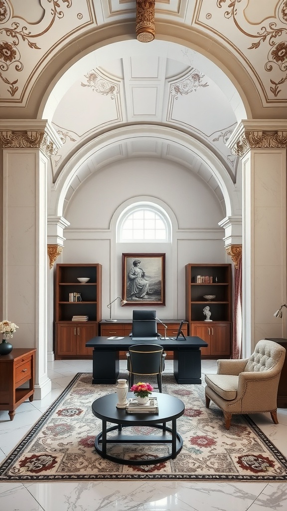 A sophisticated home office with elegant Roman arches and rich wooden furnishings.