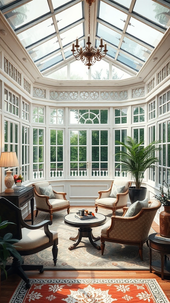 An elegant solarium sunroom featuring a glass ceiling, comfortable seating, and lush greenery.