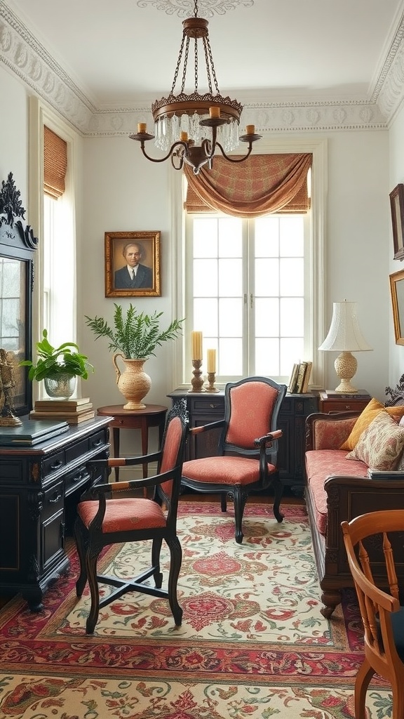 A cozy vintage home office featuring antique furniture, a chandelier, and decorative elements.